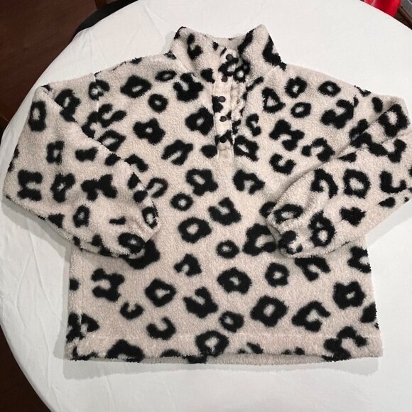 LOFT Leopard Print Sherpa Fleece Pullover Plush Cozy Snap Collar Top Medium - Picture 5 of 10